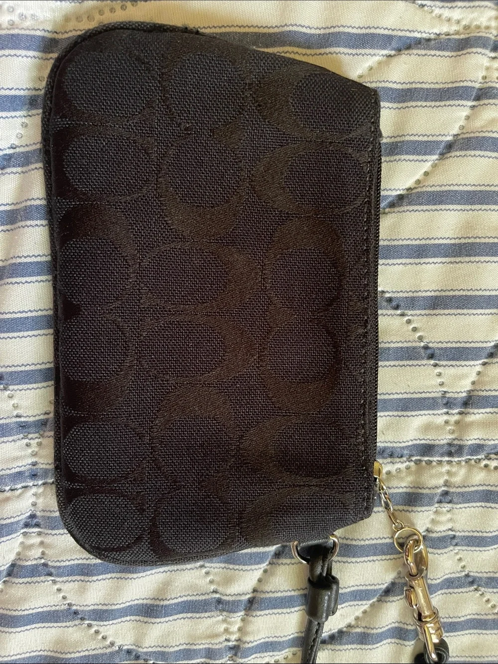 Coach Black Signature Zip Wristlet Phone Case with Gold Hardware